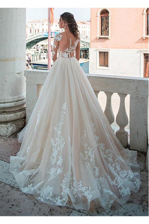 Beautiful Illusion Neck Ball Gown Long Sleeves Lace overlay Tulle Wedding Dress