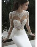Sexy Long Sleeved Delicate Lace Bodice Mermaid Long Satin Chiffon Wedding Dress with Crystal Band 