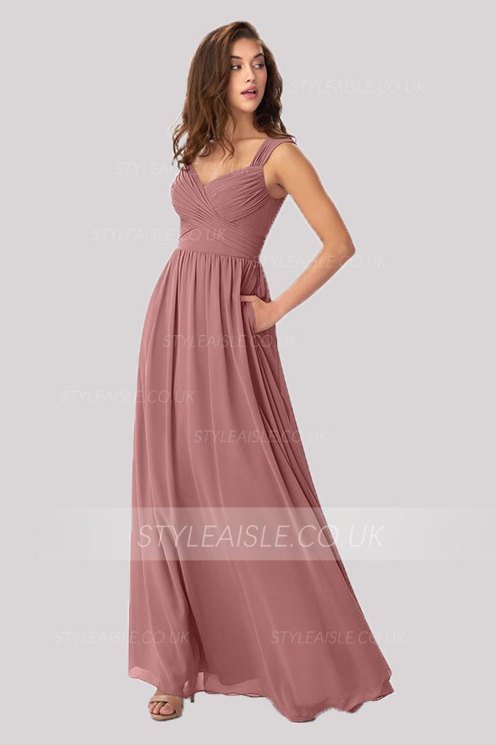  A-line Shoulder Straps Sleeveless Ruffles Floor-length Long Chiffon Bridesmaid Dresses with Pockets