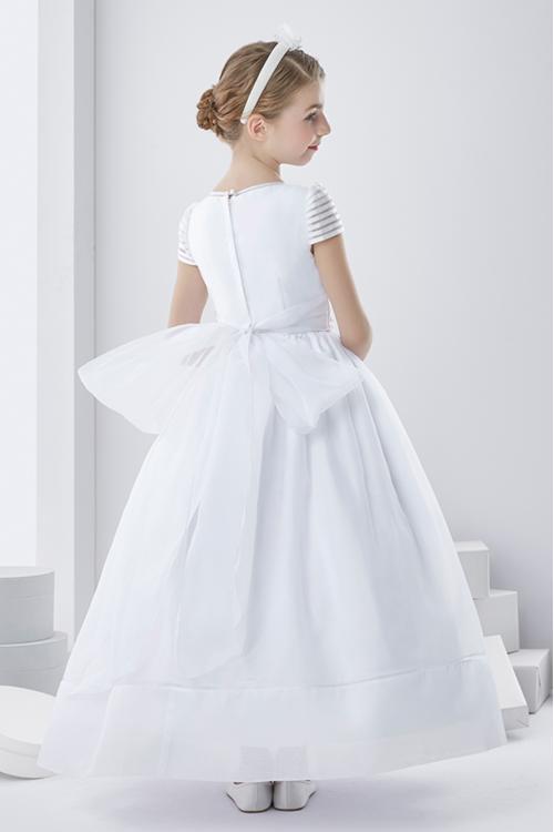 Short Sleeve Ball Gown Long Orgazna First Communion Dress with Flowers and Bow 