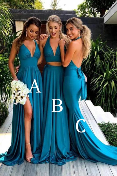  A-line V-neck Sleeveless Split Sweep/Brush Train Long Chiffon Bridesmaid Dress with 5 Styles(A/B/C/E/F)