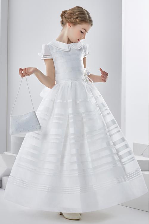 Ball Gown High Neck Short Sleeve Bow(s) Floor-length Organza Communion Dress