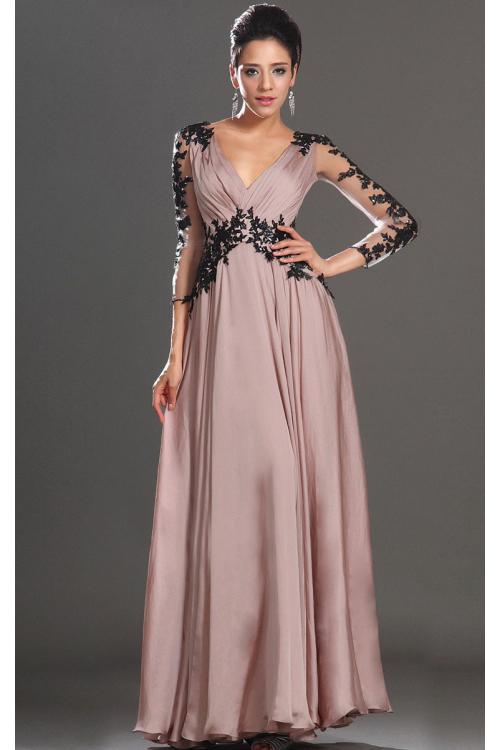 Sexy Long Sleeved Lace Long Dusty Pink Chiffon Prom Dress 