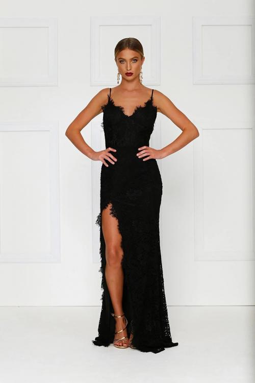  Sheath/Column Spaghetti Straps Sleeveless Lace Split Floor-length Long Black Prom Dresses