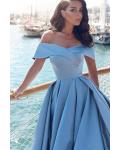  Ball Gown Off-the-shoulder Short Sleeve Ruching Court Train Long Satin Prom Dresses