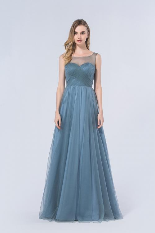 Popular Illusion Neck Sleeveless A-line Ink BlueTulle Bridesmaid Dress 