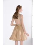 Illusion Neckline Backless Gold Lace Bodice Cocktail Dress Short 