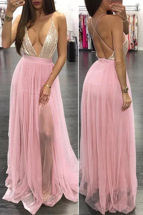 Sexy Deep V-neck Sequins Top Split Floor-length Long Tulle Prom Dress with Criss-cross Back