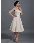 Short Strapless Sweetheart Lace overlay Satin Knee Length Wedding Dress with Ribbon 