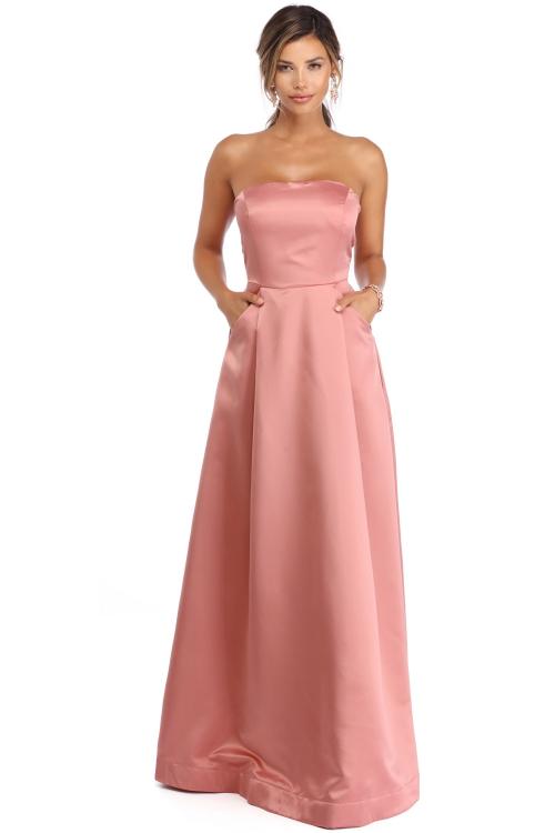 Strapless Ball Gown Long Satin Prom Dress with Pocket
