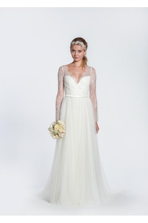 V Neck Long Sleeved Pleated Bodice A-line Tulle Wedding Dress with Ribbon 