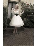 Long Sleeved Lace Bodice A-line Tulle Wedding Dress with Black Ribbon 
