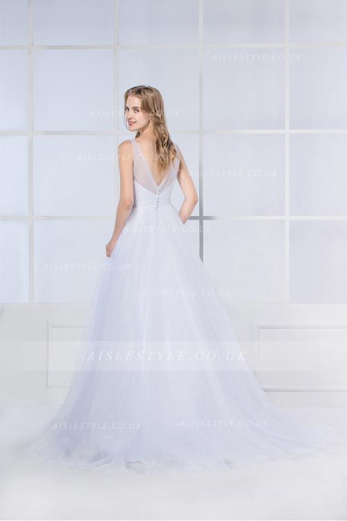 Simple V Neck A-line Long Tulle Wedding Dress 