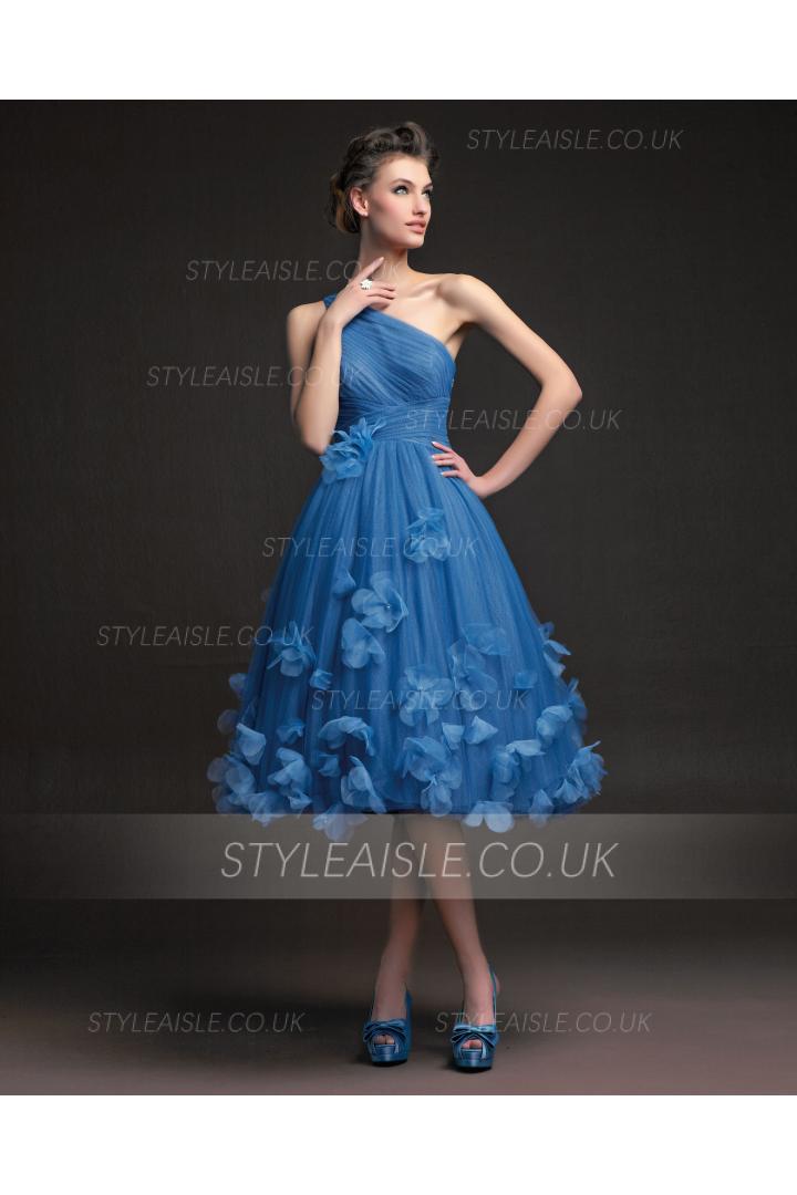 Simple A-line One Shoulder Ruching Hand Made Flowers Knee-length Tulle Cocktail Dress