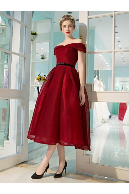 A-line Tea Length Off Shoulder Burgundy Organza Prom Dress 
