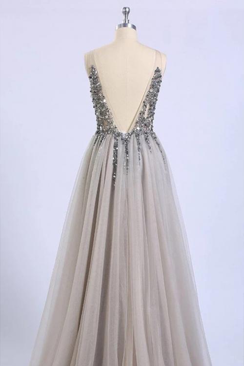  A-line Deep V-neck Sleeveless Beading Split Floor-length 2020 Long Tulle Prom Dress