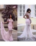 Long Sleeve Illusion Neck Long Blush Tulle Sheer Back Celebrity Prom Dress 