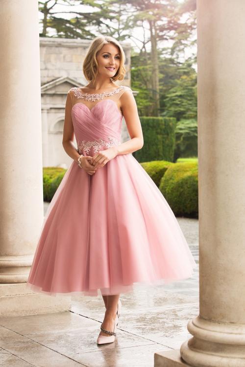Tea Length A-line Pink Tulle Bridesmaid Dress with Lace 