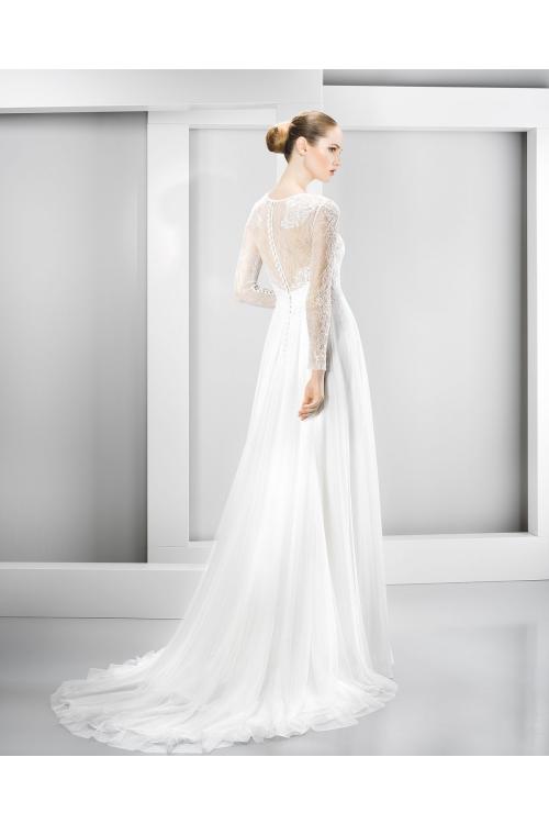 A-line Jewel Neck Lace Bodice Chiffon Wedding Dress 