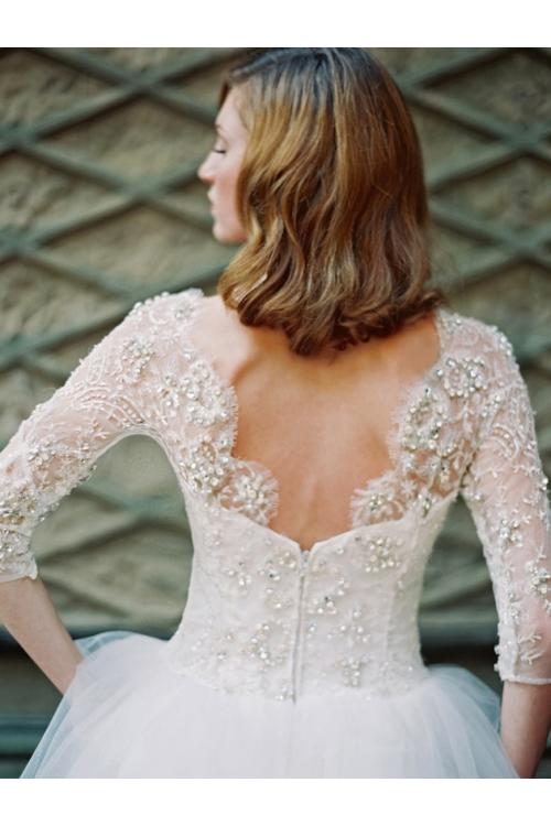 3/4 Sleeve Beaded Bodice Ball Gown Tulle Wedding Dress 