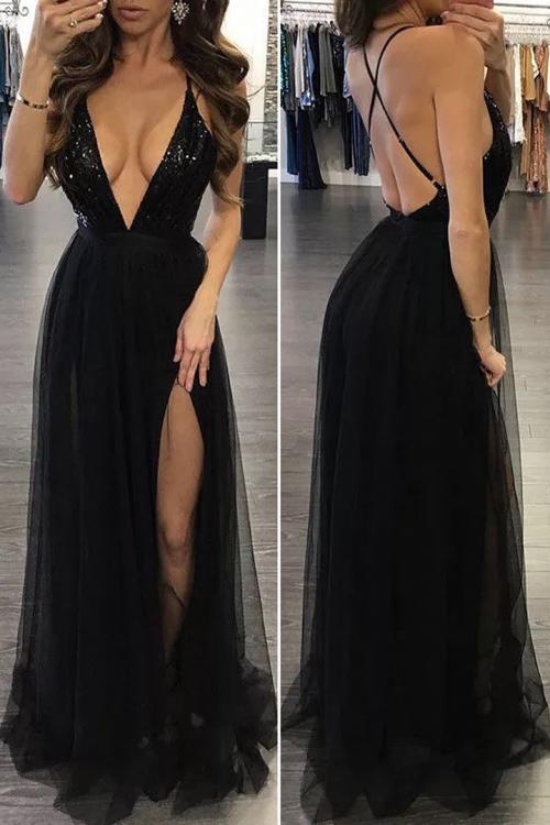 Sexy Deep V-neck Sequins Top Split Floor-length Long Tulle Prom Dress with Criss-cross Back