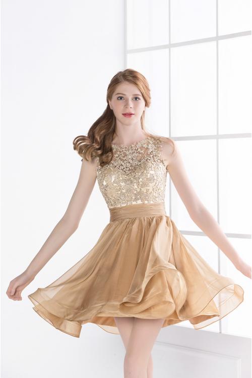 Illusion Neckline Backless Gold Lace Bodice Cocktail Dress Short 