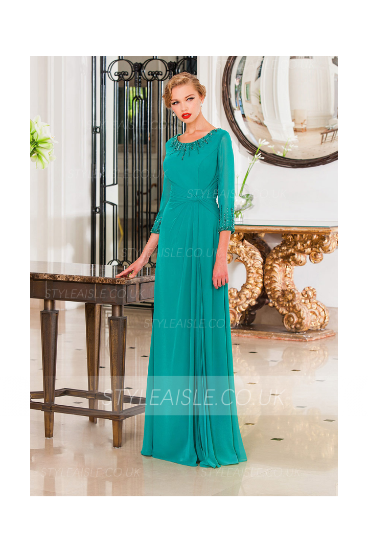 Elegant 3/4 Sleeve Long A-line Chiffon Evening Dress 