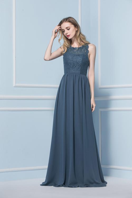 Illusion Neck Lace Bodice A-line Long Chiffon Bridesmaid Dress 