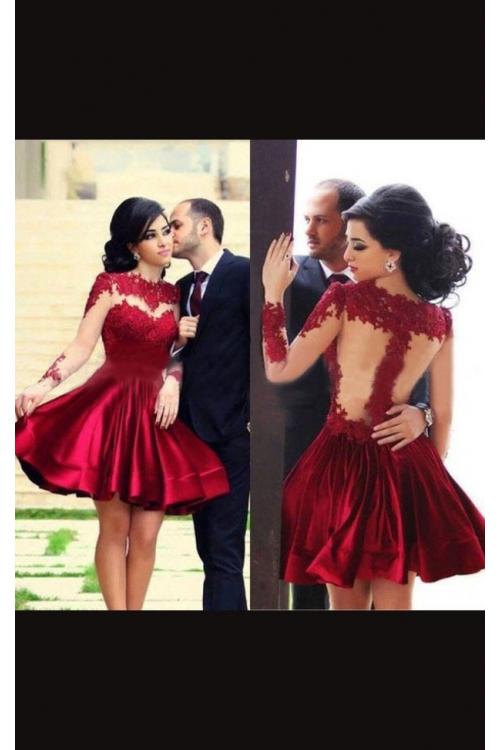 A-line Jewel Neck Stretch Satin Short/Mini Long Sleeved Ruby Red Prom Dresses 