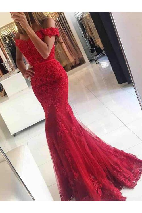 Off the Shoulder Long Sequin Beading Lace Red Evening Dress 