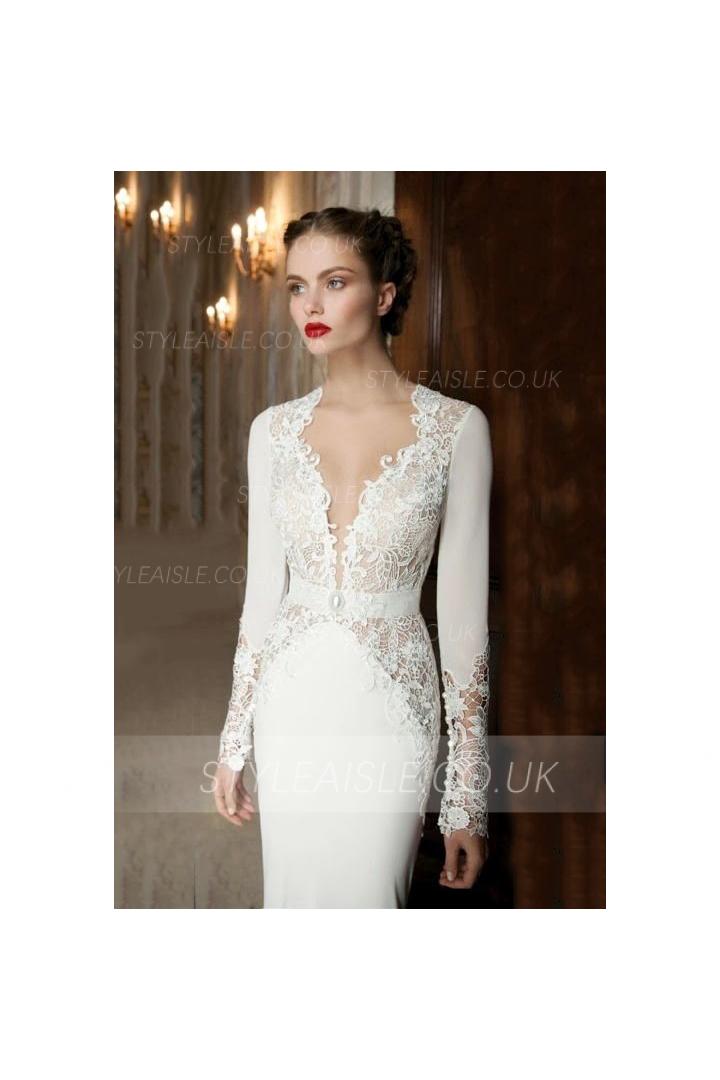 Vintage Lace Long Sleeves Trumpet Long Jersey Wedding Dress with Keyhole Back 