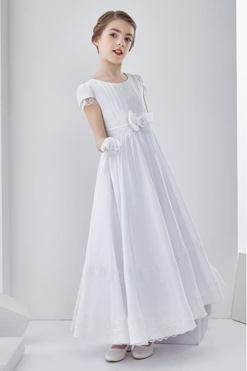 Scoop Neck A-line Long Chiffon First Communion Dress with Bow 