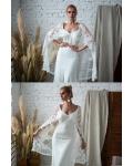 Queen Anne Neck Lace Shoulders Split Sweep Train Long Satin Reception Wedding Dresses