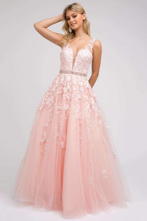  A-line V-neck Sleeveless Lace Appliques Beading Tulle Floor-length Tulle Prom Dress