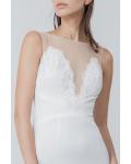 Simple Column Illusion Neck Sleeveless Beading Lace Court Train Long Satin Wedding Dresses