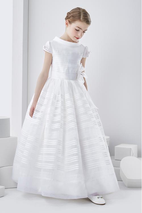 Short Sleeve Scoop Neck A-line White Organza First Communion Dress 