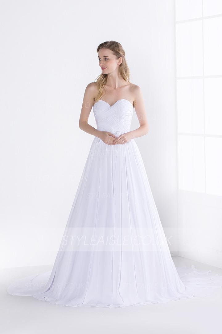 Simple Strapless Sweetheart Pleated Bodice Higjh Split Long Chiffon Wedding Dress 