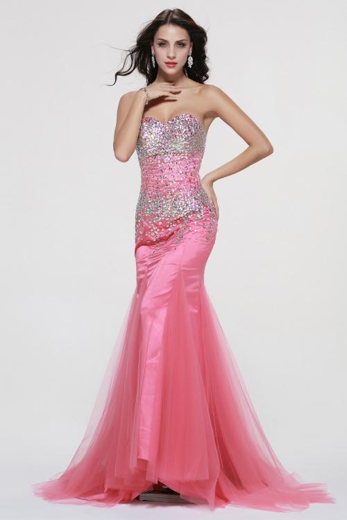 Beading Strapless Trumpet Long Tulle Prom Dress 