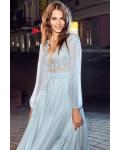 A-line V-neck Long Sleeves Lace Bodice Sashes/Ribbons Floor-length Long Chiffon Prom Dresses with Buttons Back