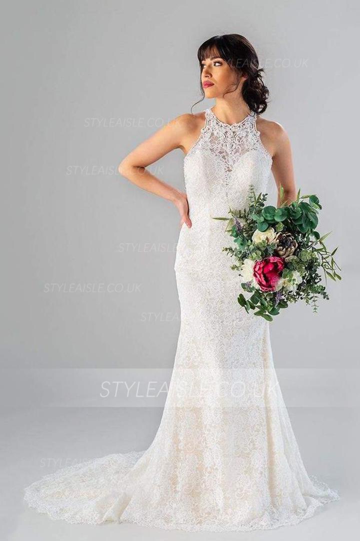  Mermaid Jewel Sleeveless Buttons Court Train Long Lace Wedding Dresses