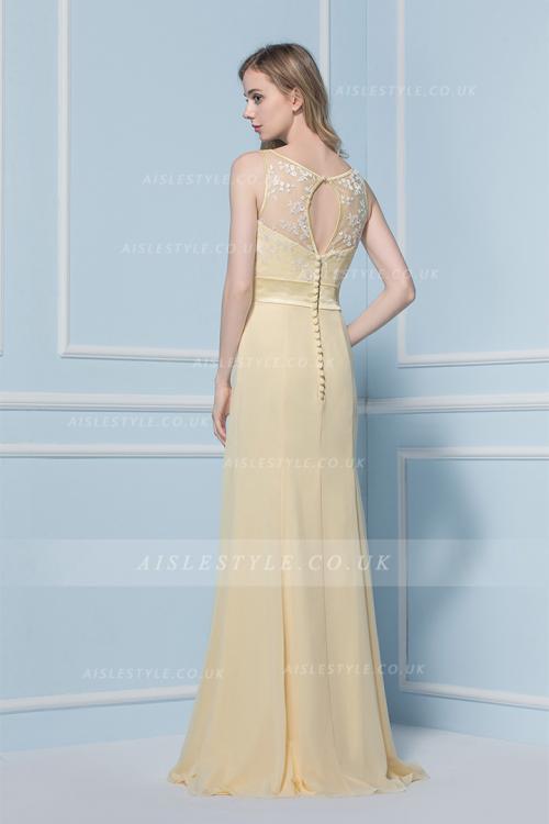 Sleeveless illusion Bateau Neck Lace Bodice Long Sheath Daffodil Chiffon Bridesmaid Dress 