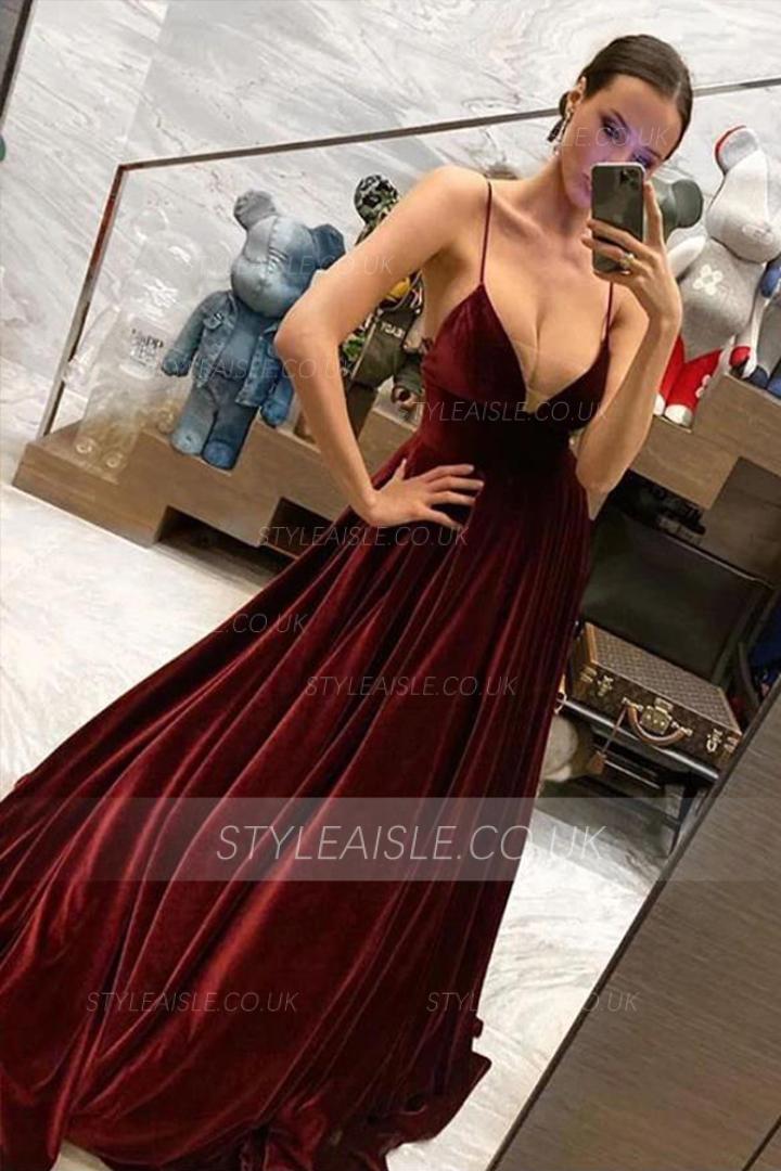 Sexy A-line Spaghetti Straps Sleeveless Floor-length Long Velvet Prom Dresses