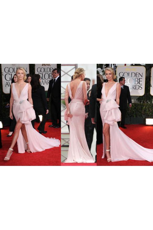  Fit Flared Deep V-neck Sleeveless Bow(s) Split Long Charlize Theron Golden Globes Red Carpet Dress 