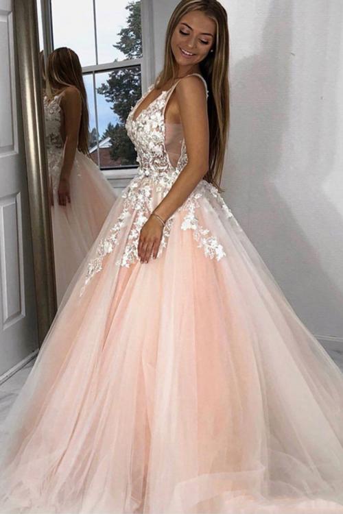 Elegant V-neck Sleeveless Lace Appliques Floor-length Long Tulle Prom Dress