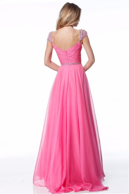 Crystal Beaded Cap Sleeves A-line Long Chiffon Prom Dress