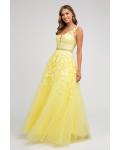  A-line V-neck Sleeveless Lace Appliques Beading Tulle Floor-length Tulle Prom Dress