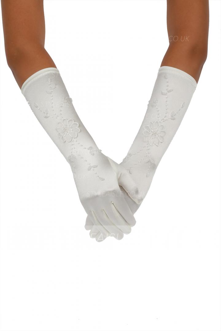 Long Ivory Gloves With Little Pearl Diamond Embroider 8BL