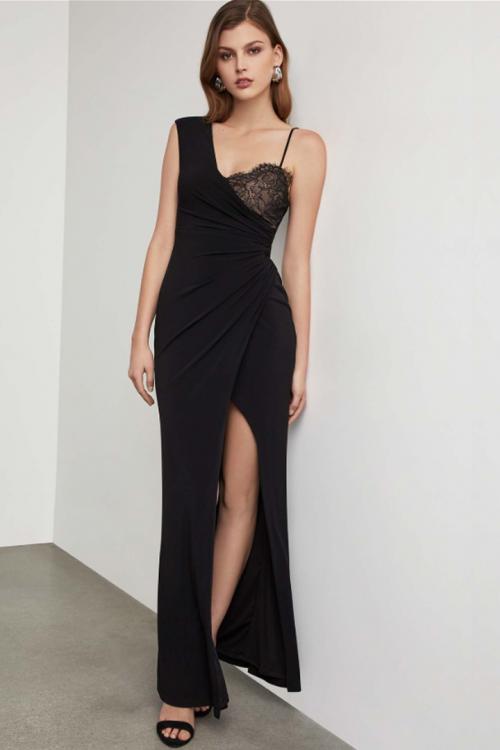 Black Asymmetrical Shoulder Straps Sleeveless Split Floor-length Long Chiffon Prom Dresses with Lace Chest