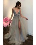  A-line Deep V-neck Sleeveless Beading Split Floor-length 2020 Long Tulle Prom Dress