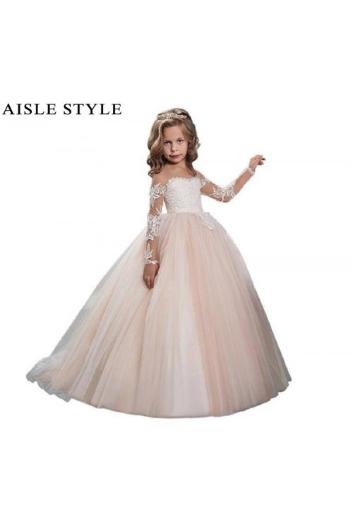 Lovely Blush Boho Inspired Lace Overlay Long Sleeved Off Shoulder Ball Gown Flower Girl Pageant Dress